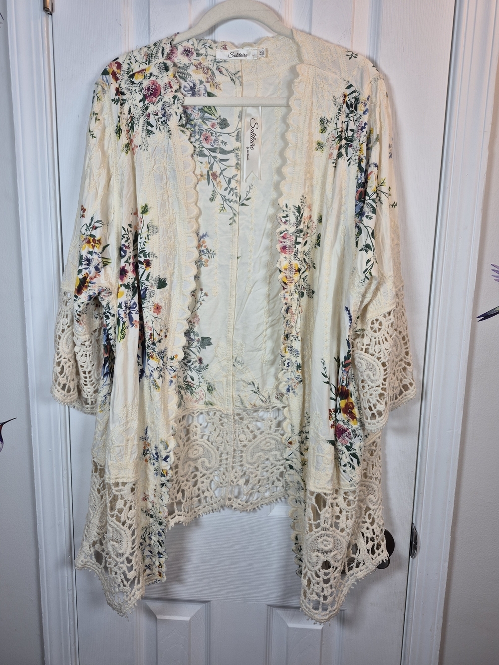 NWT Solitaire Boho Floral Lace Trim Kimono Cardigan Duster Plus Size 2X